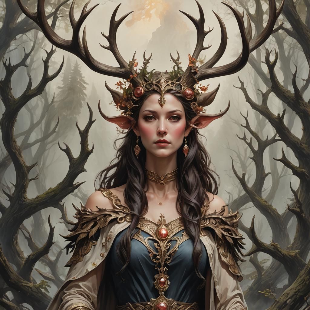 elemental woman with ham horn antlers  by @ADD Hoarding Procrastinator