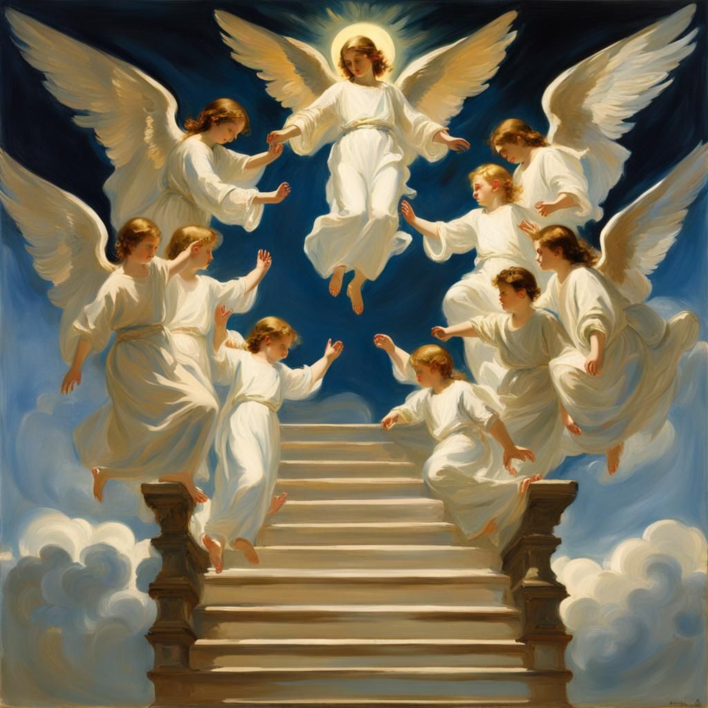 Style of John Singer Sargent, Jacob's ladder with angels ascending and descending from heaven to earth