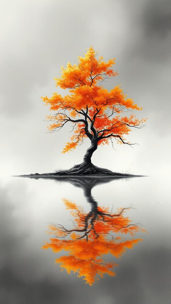 Watercolor. A misty gray landscape by the edge of a pond where the water and sky merge. The sky is a ...  by @Biboo