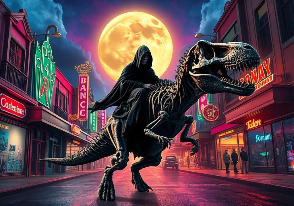 A grim reaper riding a skeletal Tyrannosaurus rex down Main ...