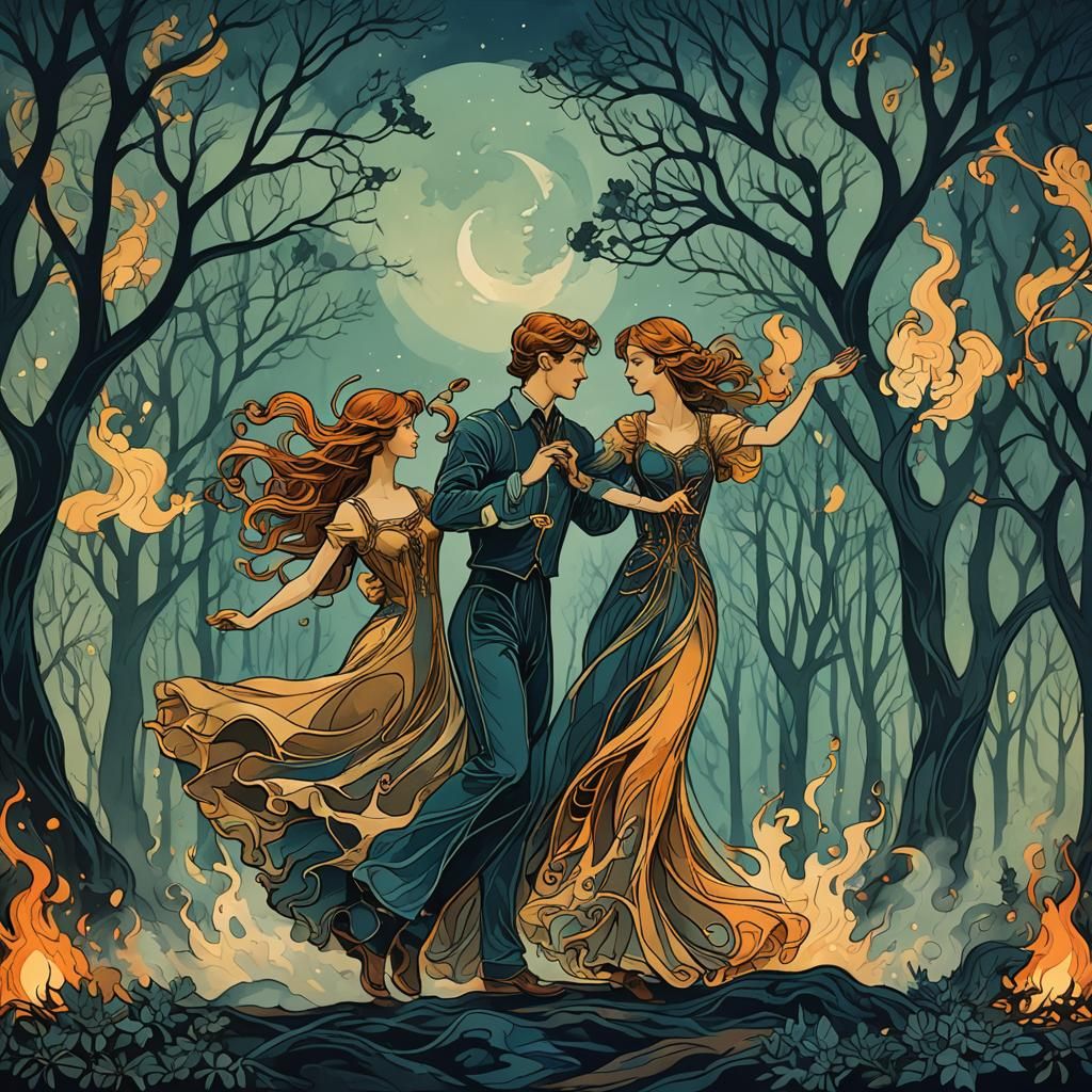 dancing couple formed from the smoke of a campfire in the fo...