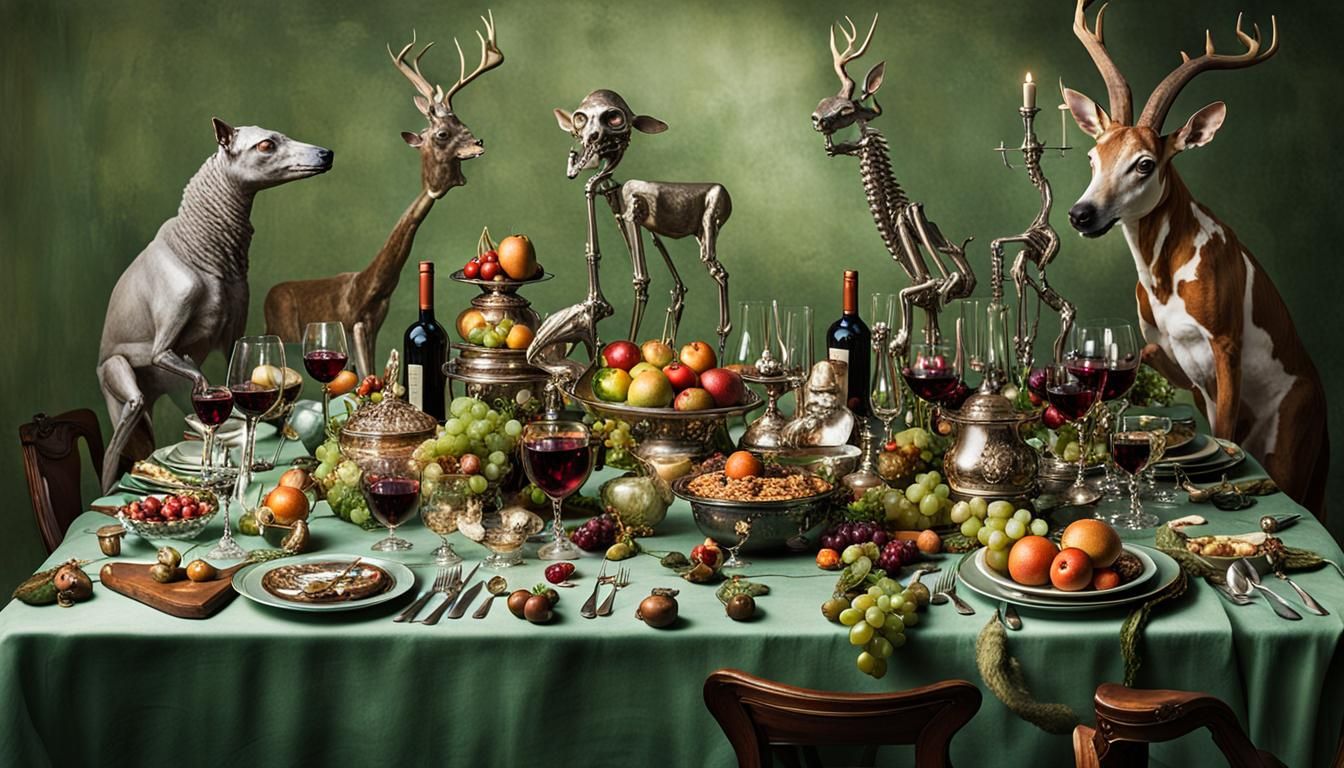 Surrealism dinner party table with oddities, animals, decorations ...