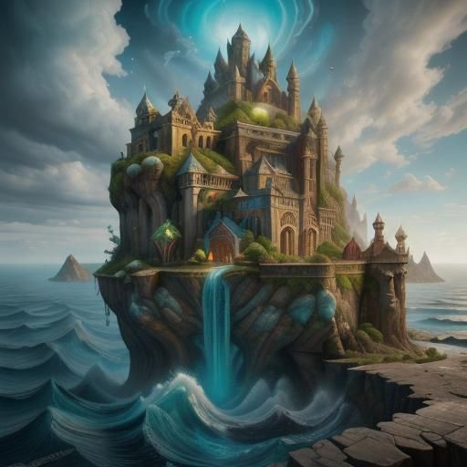 Hyper realistic landscape of ocean waves pounding against a towering (sheer cliff face:1.2) with an (ancient village perched upon the edge:1...