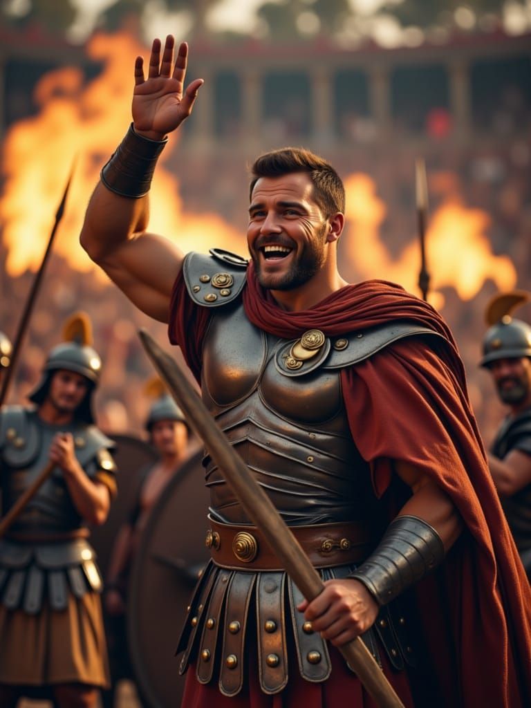 Muscular young gladiator <lora:SPQR male:1.0> salute crowd as enter in arena with large shield and raised sword detailed matte painting, dee...