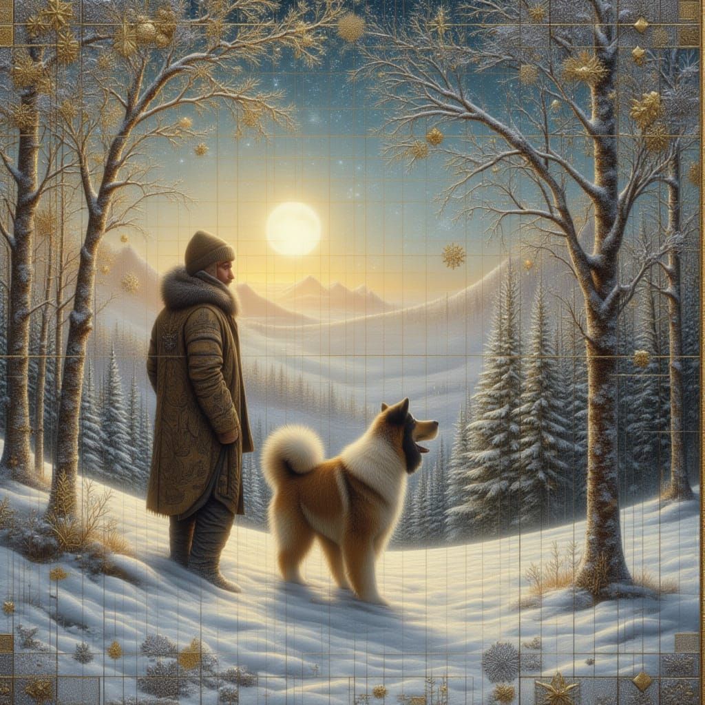 <lora:kak-festivepatch:1.0> golden and silver patchwork. Centered, big winter scene with a man and San Bernard