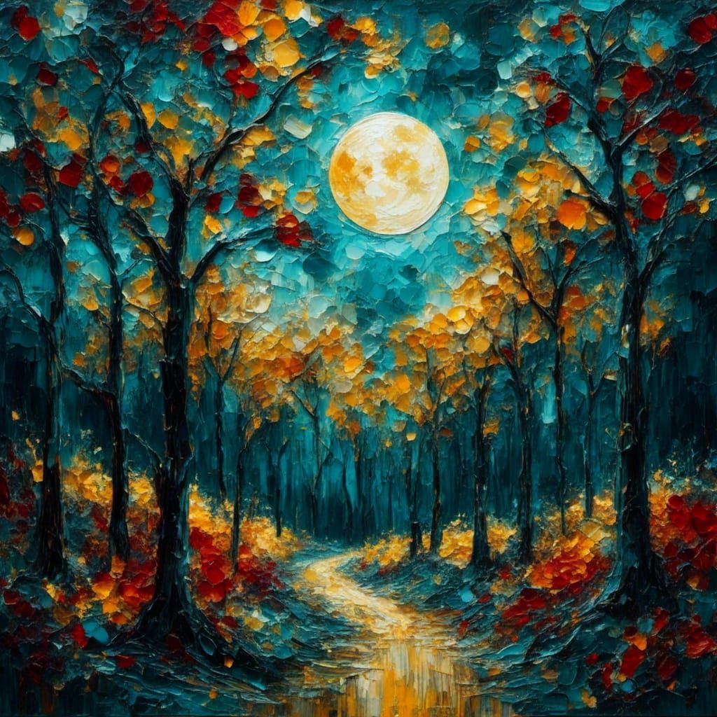 Glowing Path in Arabesque Forest: Cubist Impasto Scene