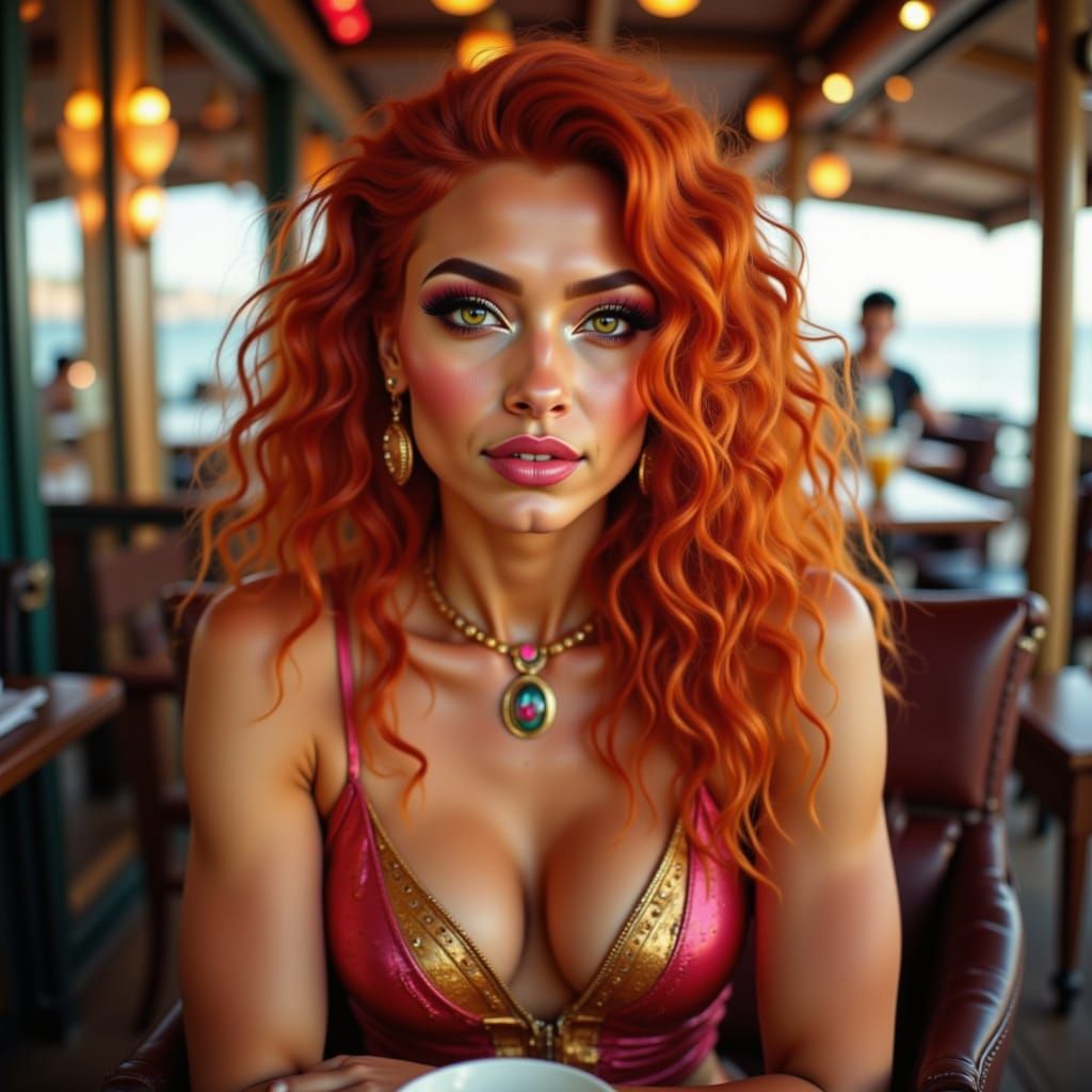 green eyes green eyes sea green eyes pink top lots of jewelry, bubblegum pink lipstick, teal eyeshadow full plump lips flame orange hair pho...