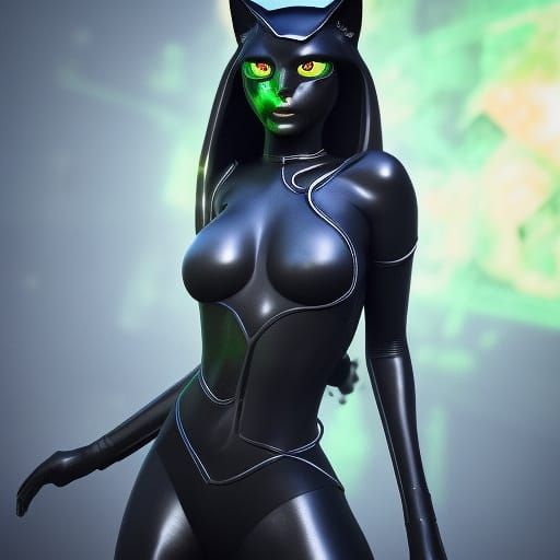 Cat woman Alien with glowing green eyes