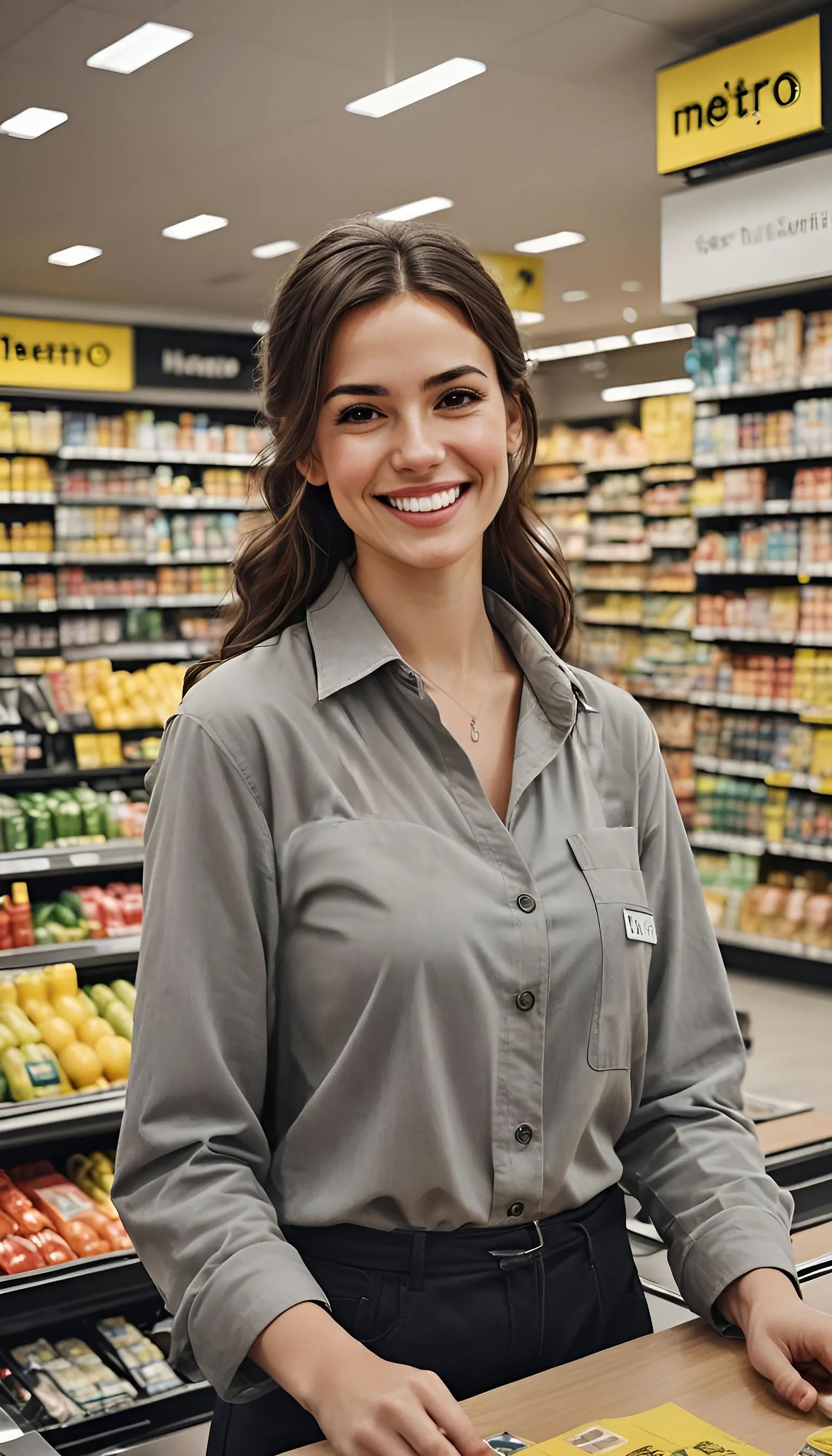 beautiful cashier in the Netto shopping store, smiling at everyone ...