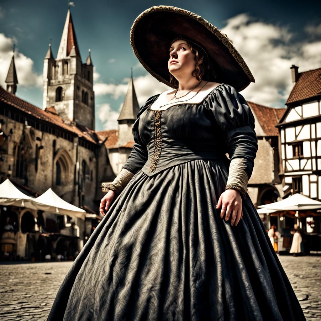 a medieval fat woman with a big hat and a long elegant dress...