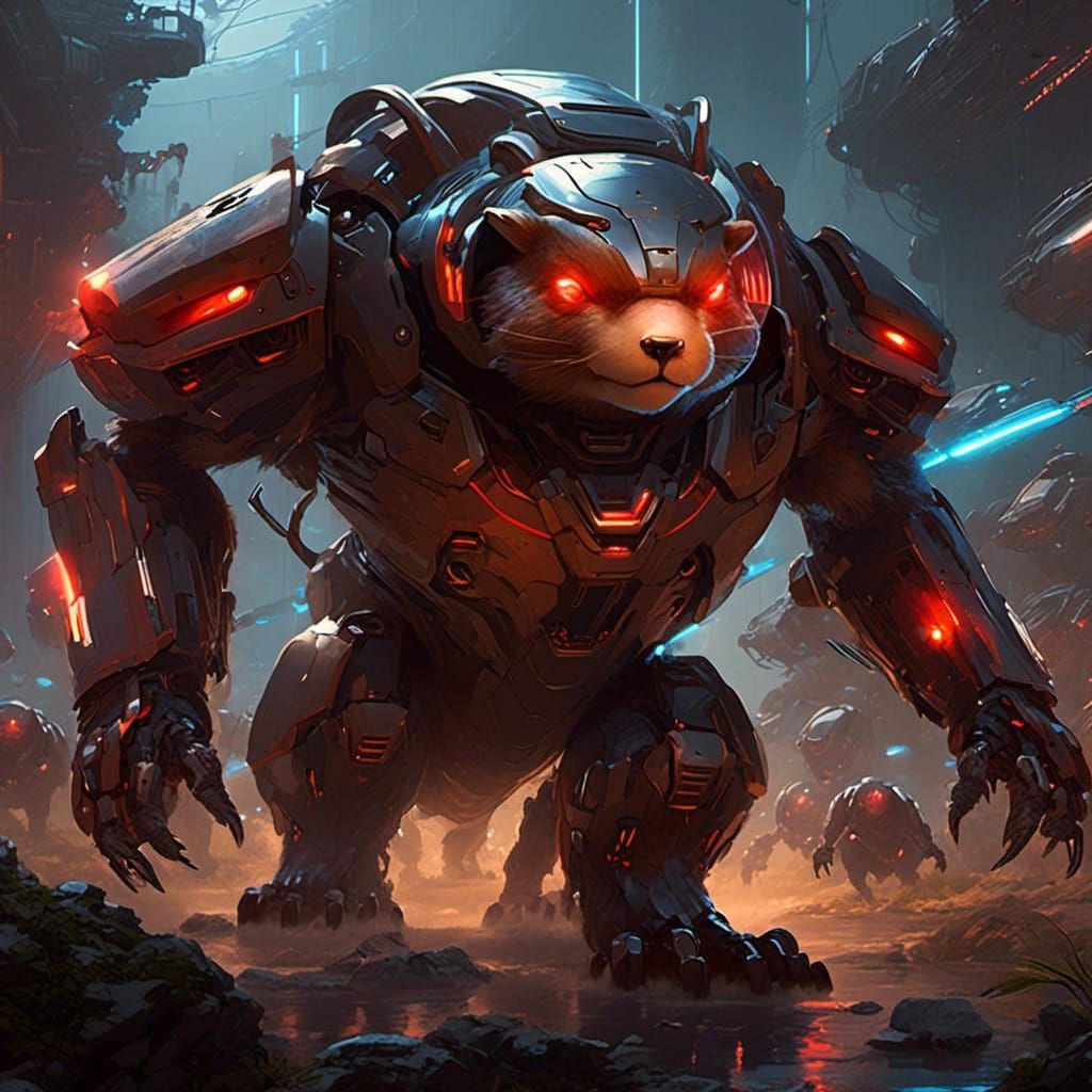 lora:AMNC:1.0> A futuristic android beaver, with sleek metal plating and  glowing red eyes, stands at the head of his army of loyal beavers,... - AI  Generated Artwork - NightCafe Creator