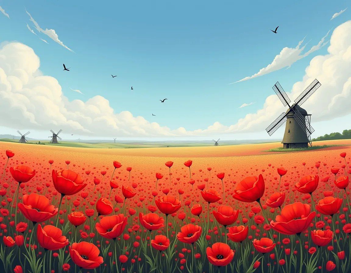 Landscape with windmills on a poppy field