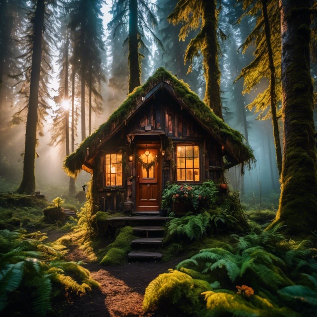 <lora:Night Sparkle:1.0> A rustic tiny house in the Hoh rain...