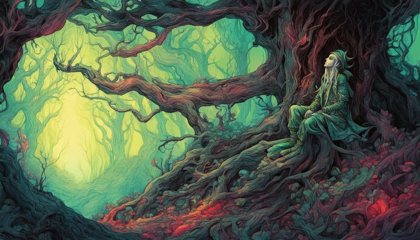 psychedelic forest elf resting an old dark fantasy forest, h...
