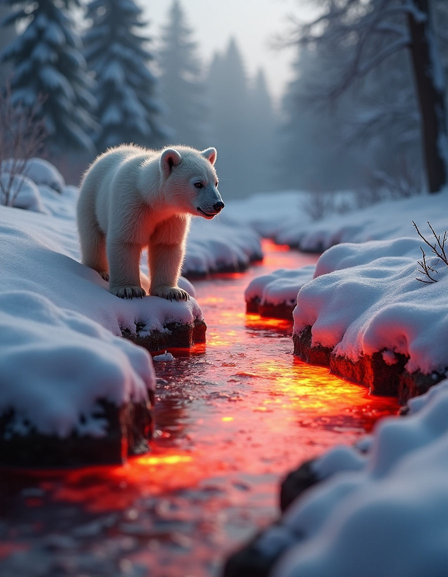 A Polar Bear cub is standing next to a river