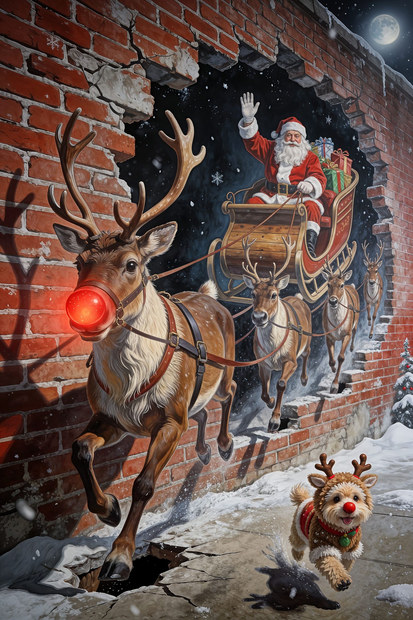 "Ultra-realistic trompe l'oeil optical illusion on a weathered red brick wall, Santa Claus in detailed ...  by @Showy