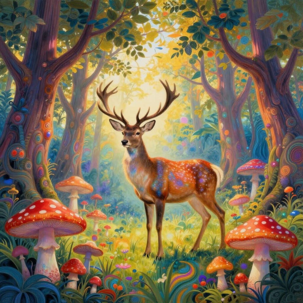 Psychedelic Forest Scene with Majestic Deer