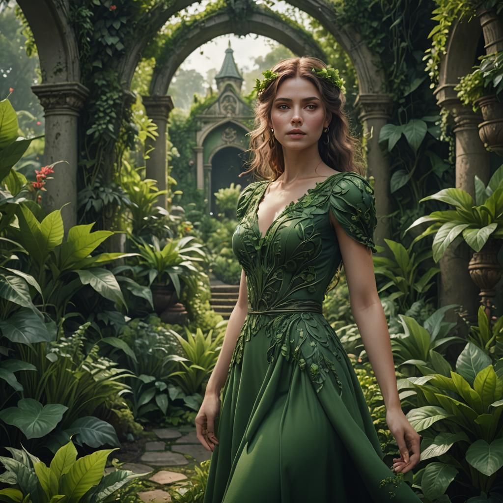 beautiful woman in green dress in garden of green plants