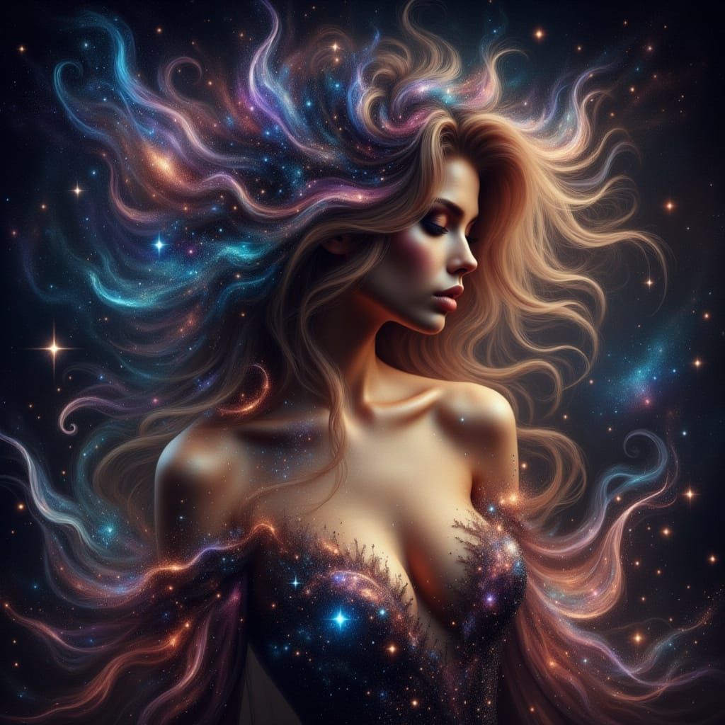 <lora:SparklePortraits:1.0>  woman beautiful glowing hair made of cosmic stars smoke, epic. hair, woman in a gown made of stars cosmic ether...