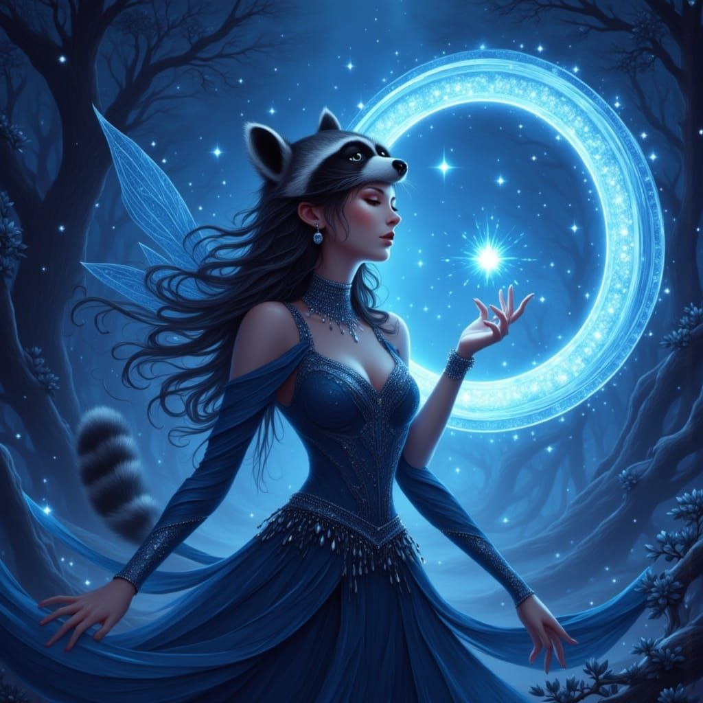 Blue portal shines on a raccoon woman with fairy magic sparkles  <lora:Trifecta:1.0>