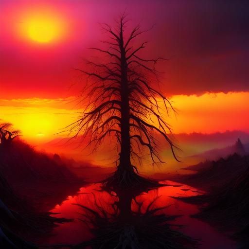 <lora:Disasterpiece:1.0> A single centered dead tree. Backgrounded by a fierce sunset with bright oranges and yellows and a desolate wastela...