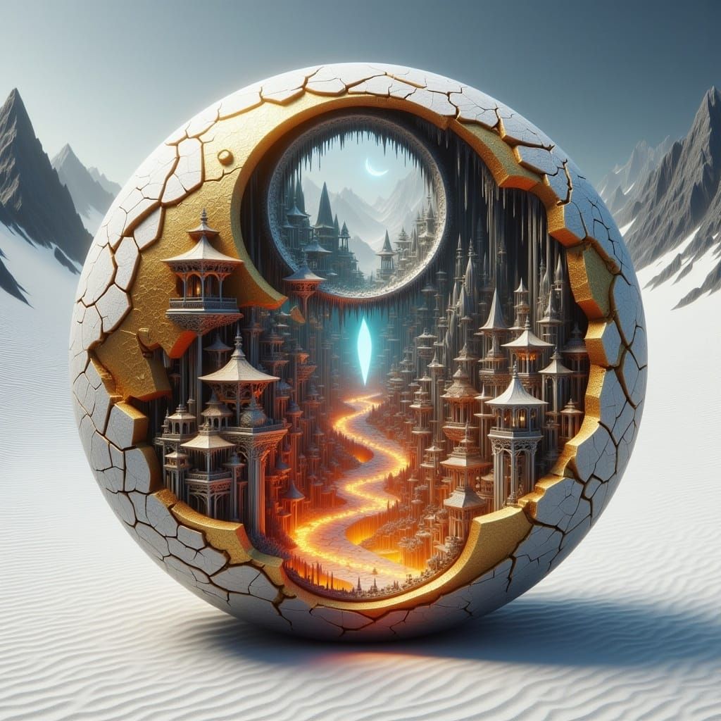 Distant hyperdetailed fire_and_waterfalls_village inside a hyperdetailed bones yin yang inside a white sand desert, cracked gold filigree,...