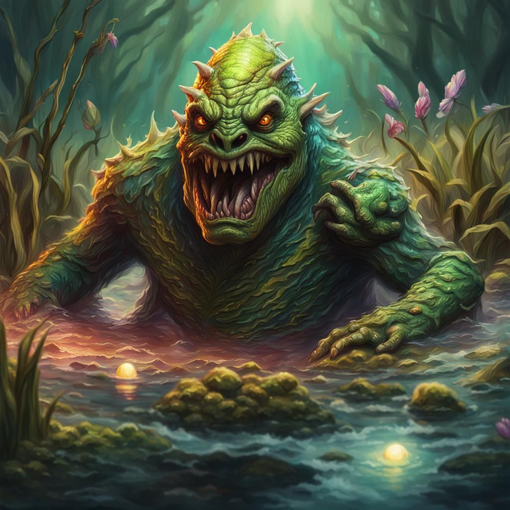 Swamp monster celebrating Easter Hyperrealistic, splash art,...