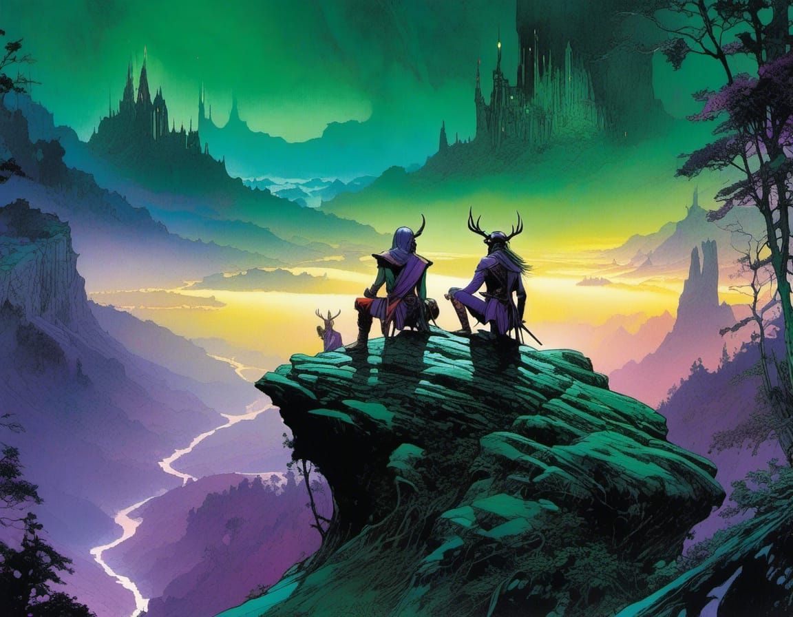 elves looking out over vista from precipice <lora:Elven Lacquer:1.0>