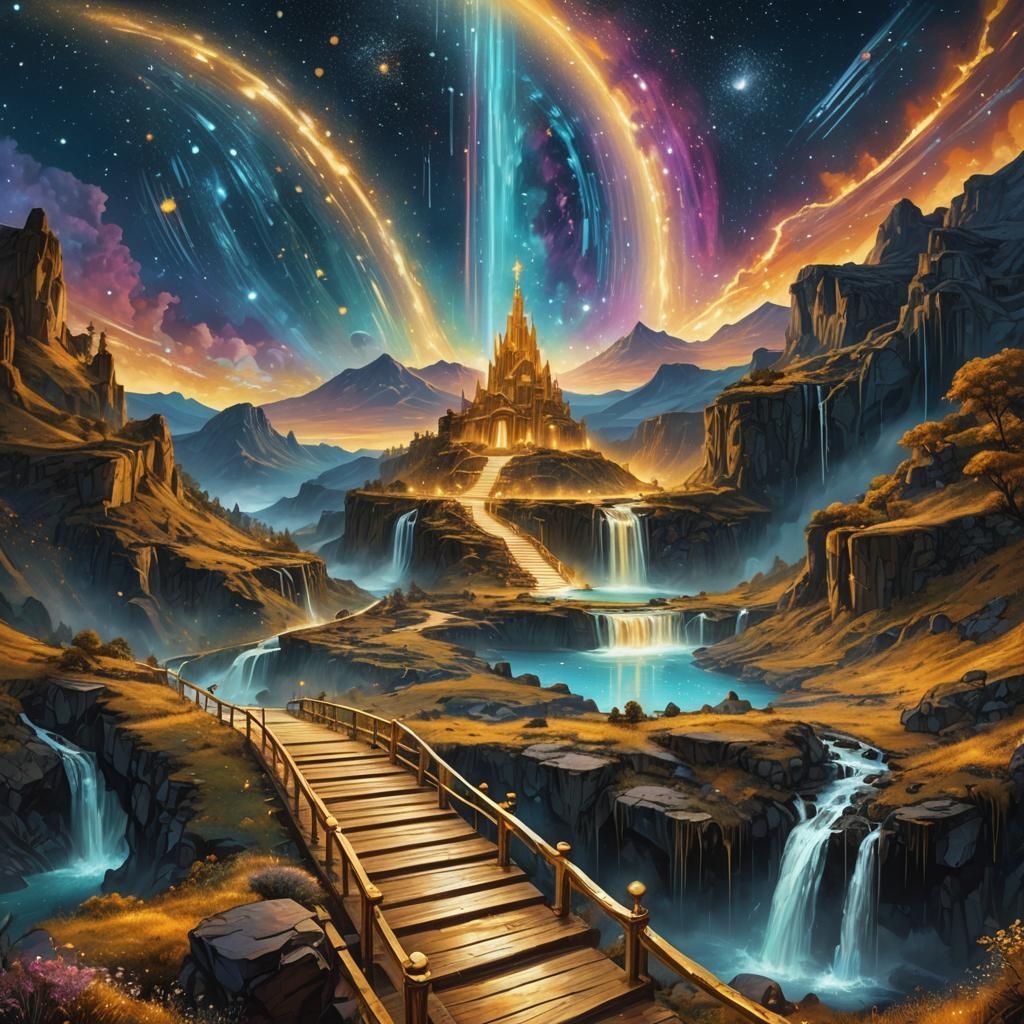 Golden Stairway to Valhalla With Serene Waterfalls beyond th...