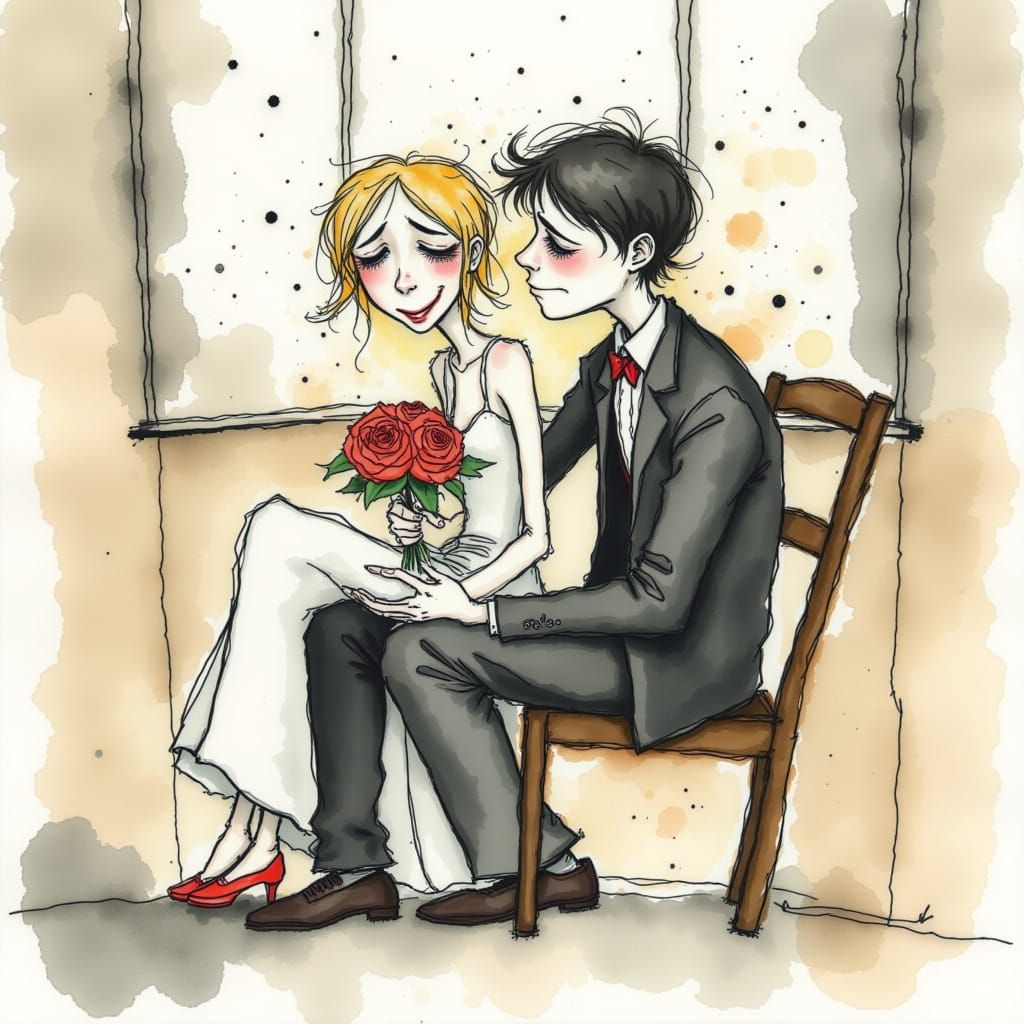 happy groom and grumpy bride in the style of <lora:Quirky People:1.0> at wedding chapel, emotional messy watercolor inkdrop 