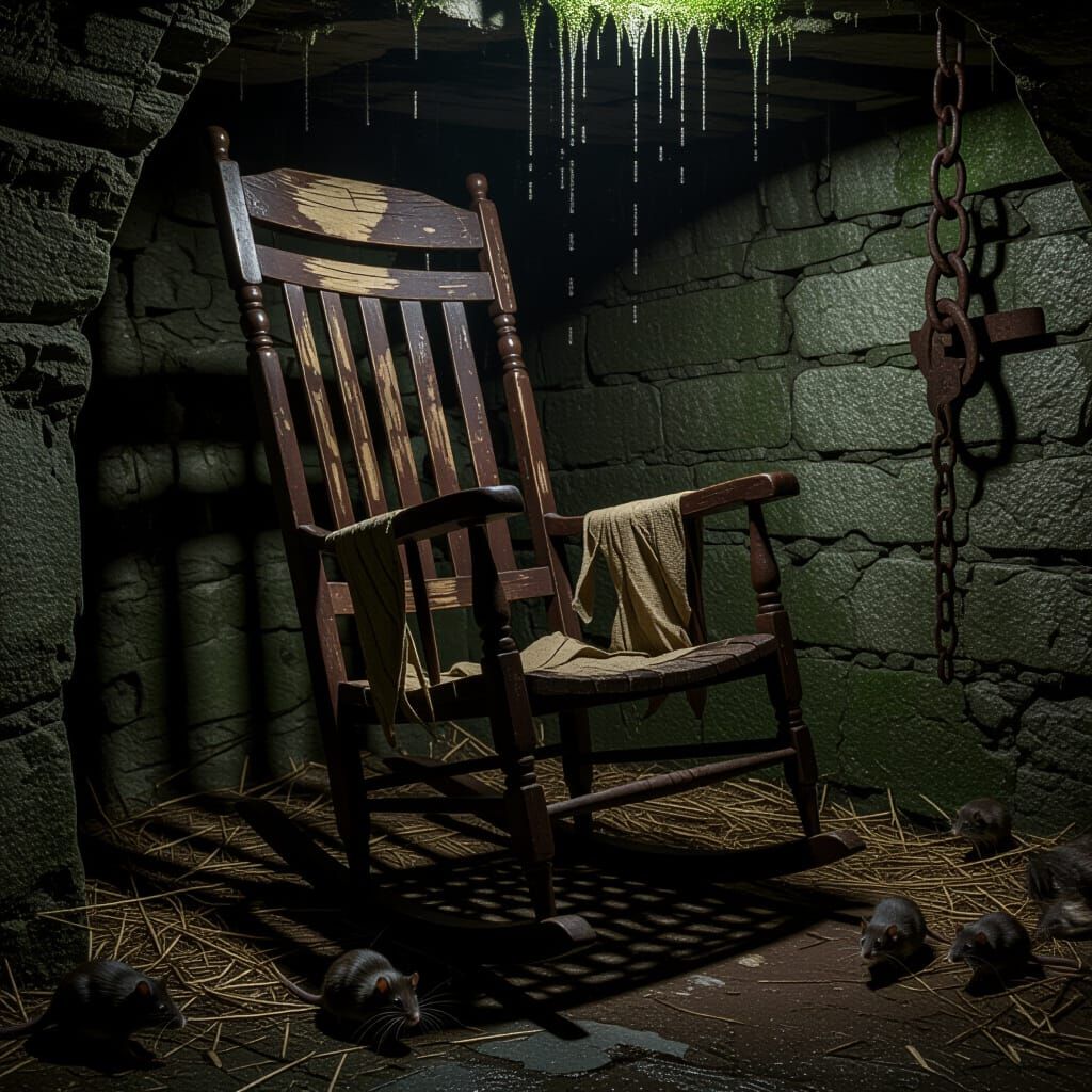 A hyperrealistic, low-angle close-up of an old, weathered rocking chair sitting alone in a dank, stone-walled cellar. The chair's wood is cr...