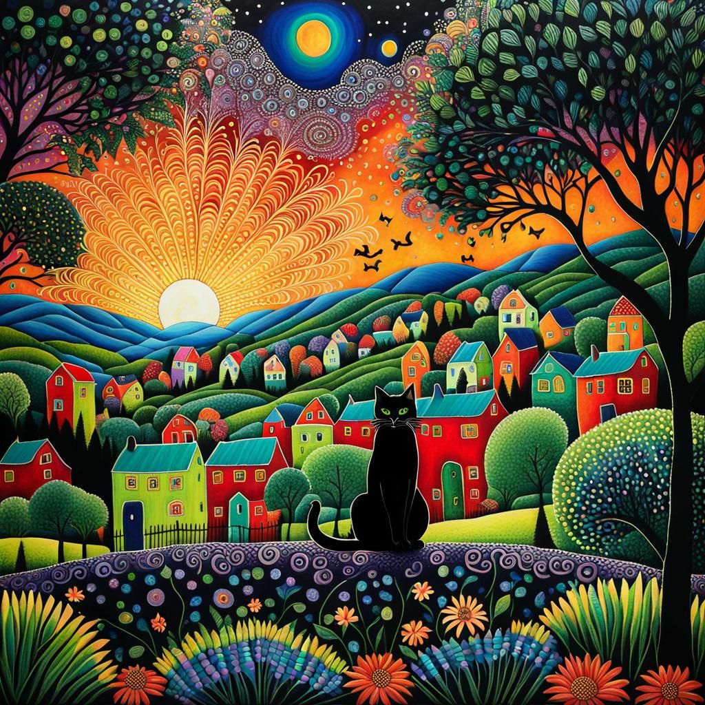 <lora:Zentangle-V2:1.0> <lora:Pop Surrealism:1.0> <lora:surreal world:1.0> black cat with beautiful green eyes in a surreal village