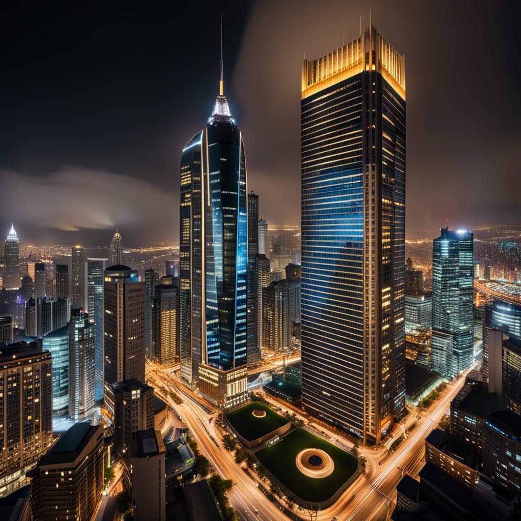 a modern skyscraper standing tall in an urban cityscape at night