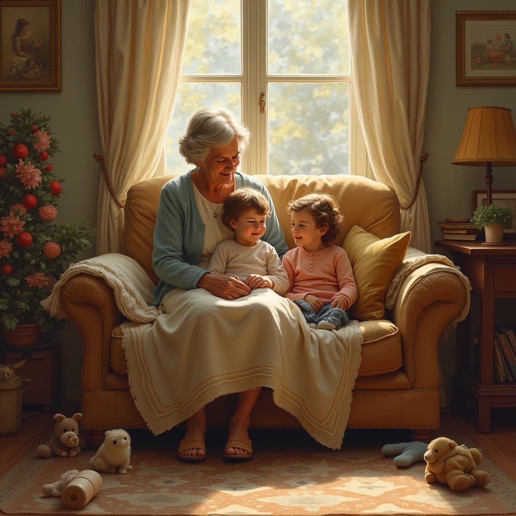Grandmother with Grandchildren in Cozy Living Room