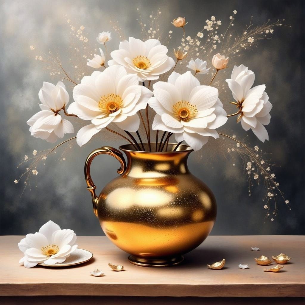 <lora:Still life Intensity:1.0> Hazy watercolor alcohol ink painting glowing brass vase with glittering brass and gold and white flowers, st...