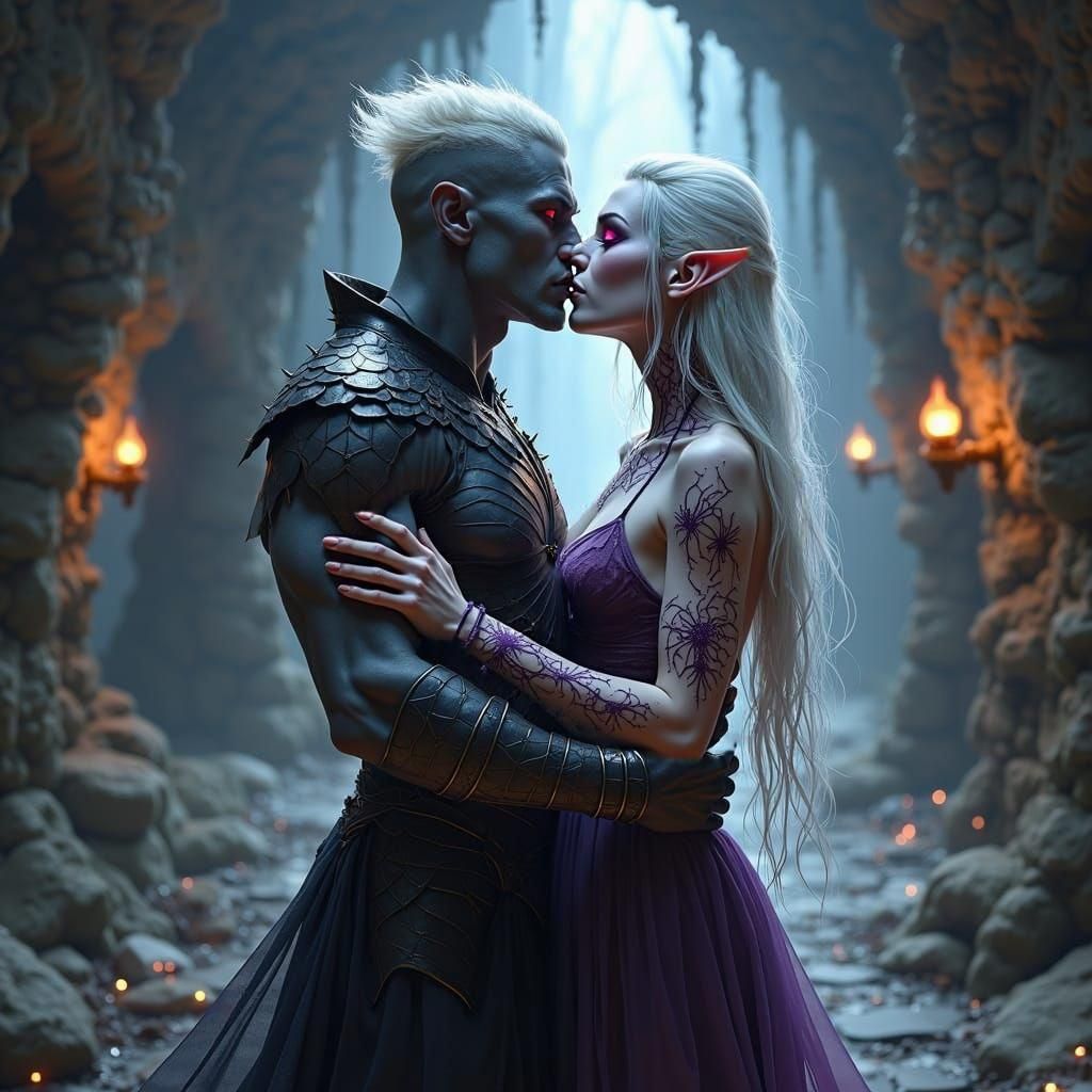 A short dark Gray-skinned male Drow elf with white hair, red eyes and muscle-ripped physique, enveloped in intricate spider web tattoos, cla...