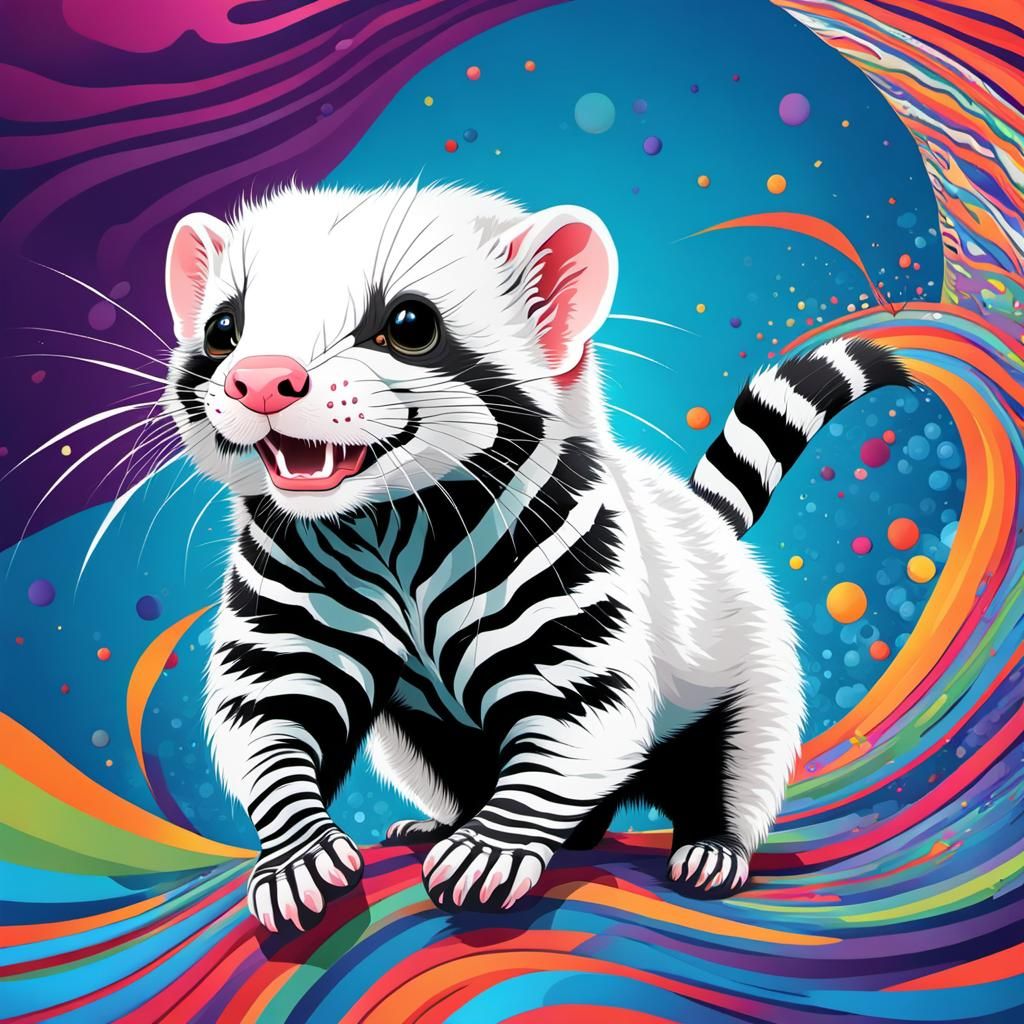 A jumping white ferret with zebra stripes and a colourful ba...