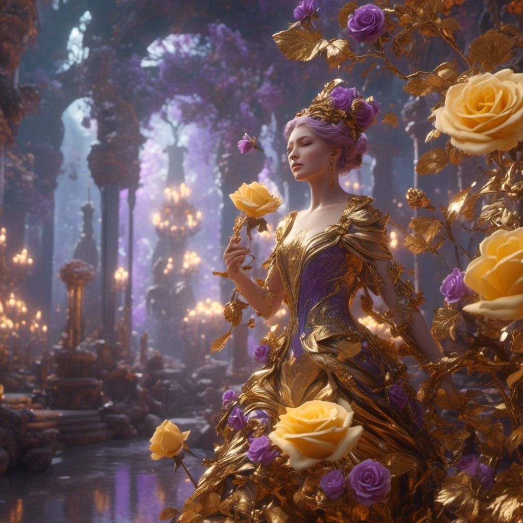 Golden Roses in Dark Fantasy Art Nouveau Style