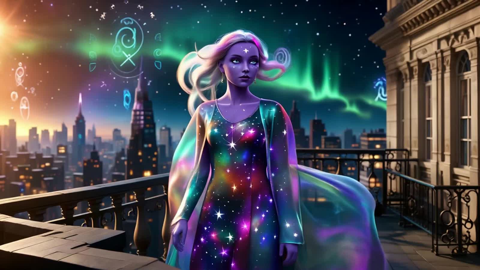 fantasy book cover of an Oneiroi Seer, slender and willowy, skin of violet twilight with silver star-freckles, eyes like...