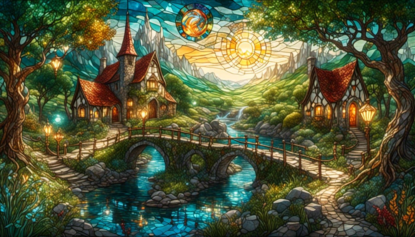 Elven Village -- stained glass mosaic.   by @Lorendiac H