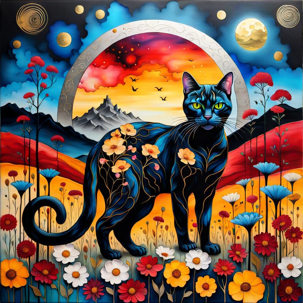 a tall black cat with amber eyes - AI Generated Artwork - NightCafe Creator