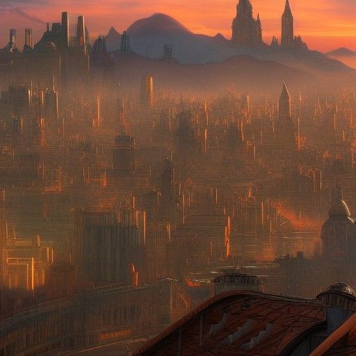 A steampunk city and in the distance a great sunset by a mou...