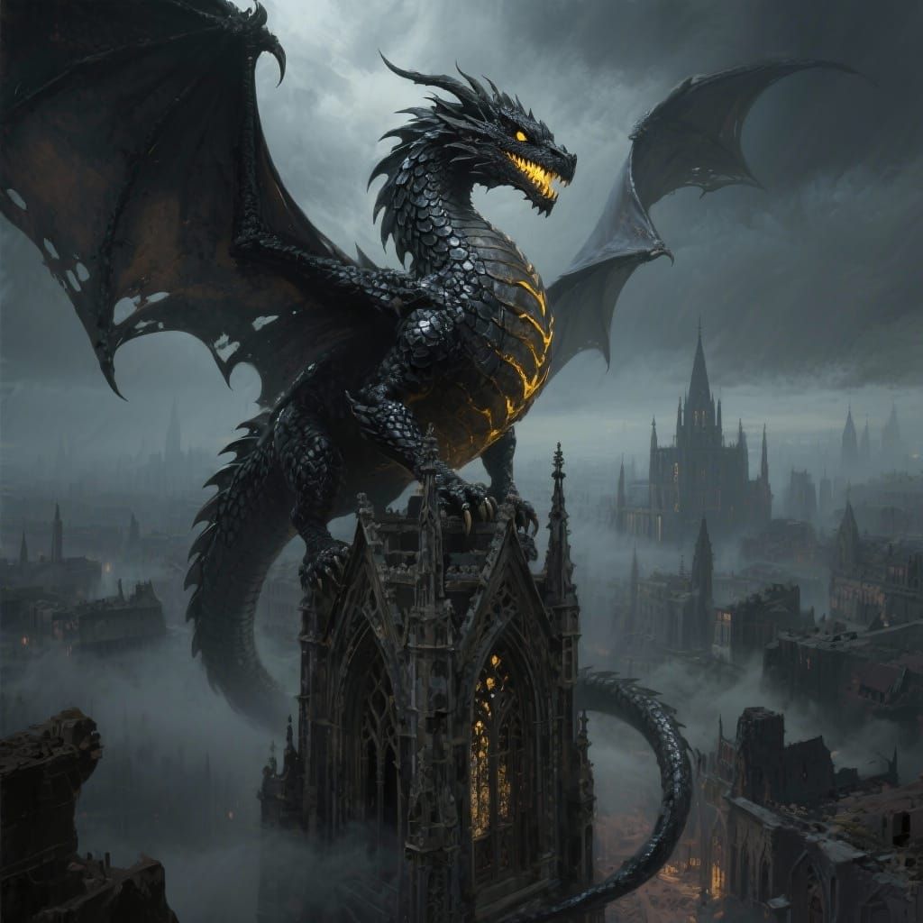 A majestic, ancient dragon with scales like obsidian and eyes like molten gold, perched atop a crumbling gothic cathedral spire. Below, a ci...