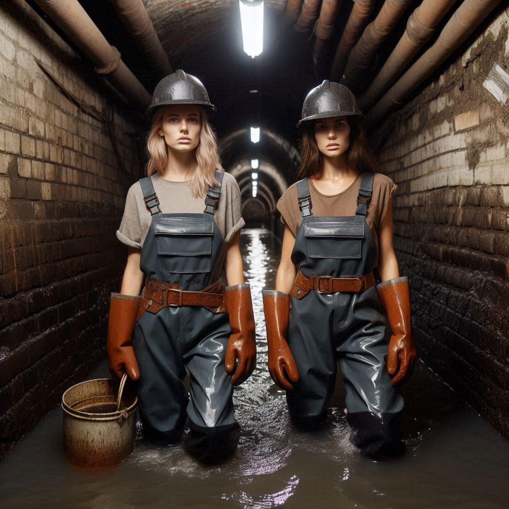 Two female sewer workers wade through knee-deep water in a w...