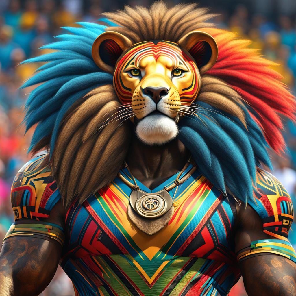 Fierce and fluffy African warrior lion in full olympic colou...
