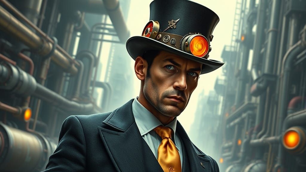 Steampunk Cyborg in Industrial Cityscape