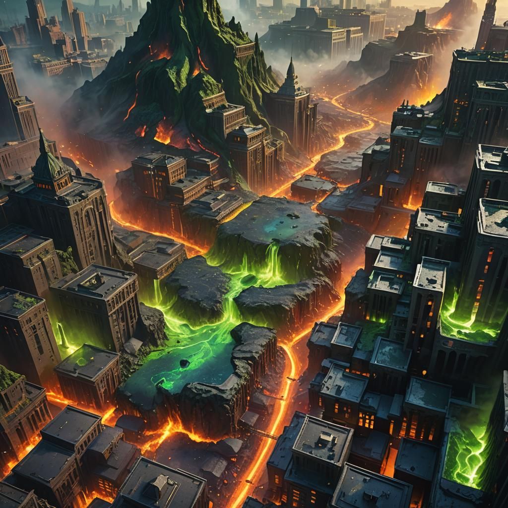 Mountains of green lava flow through the city, creating a sc...