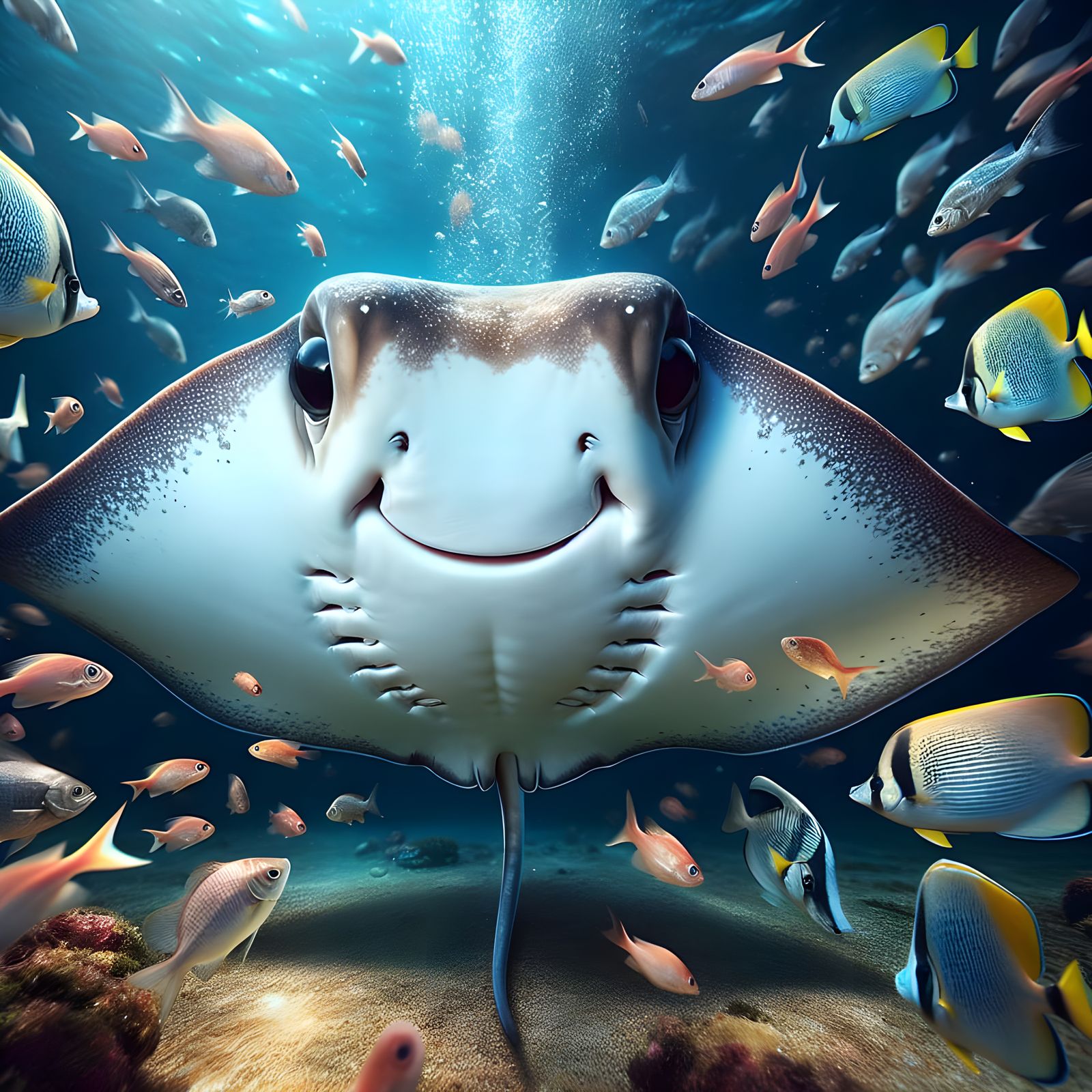 A full front facing cute smiley face sting ray, underwater photo shoot, fish swimming around. High resolution. ...  by @Irene