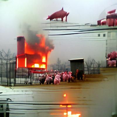 industrial pig slaughter house burning on a cozy day