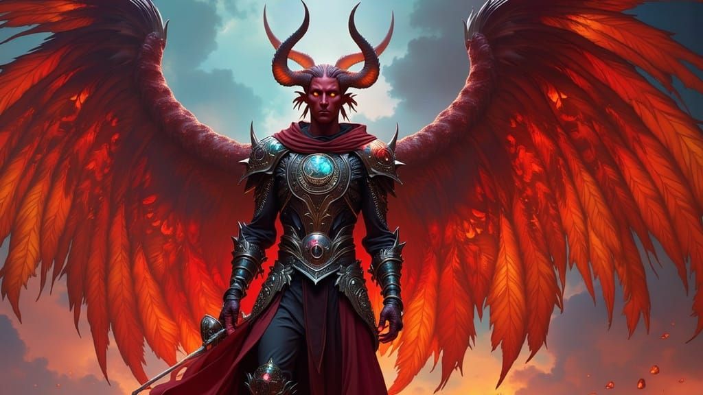 Tiefling warrior with red-angel wings